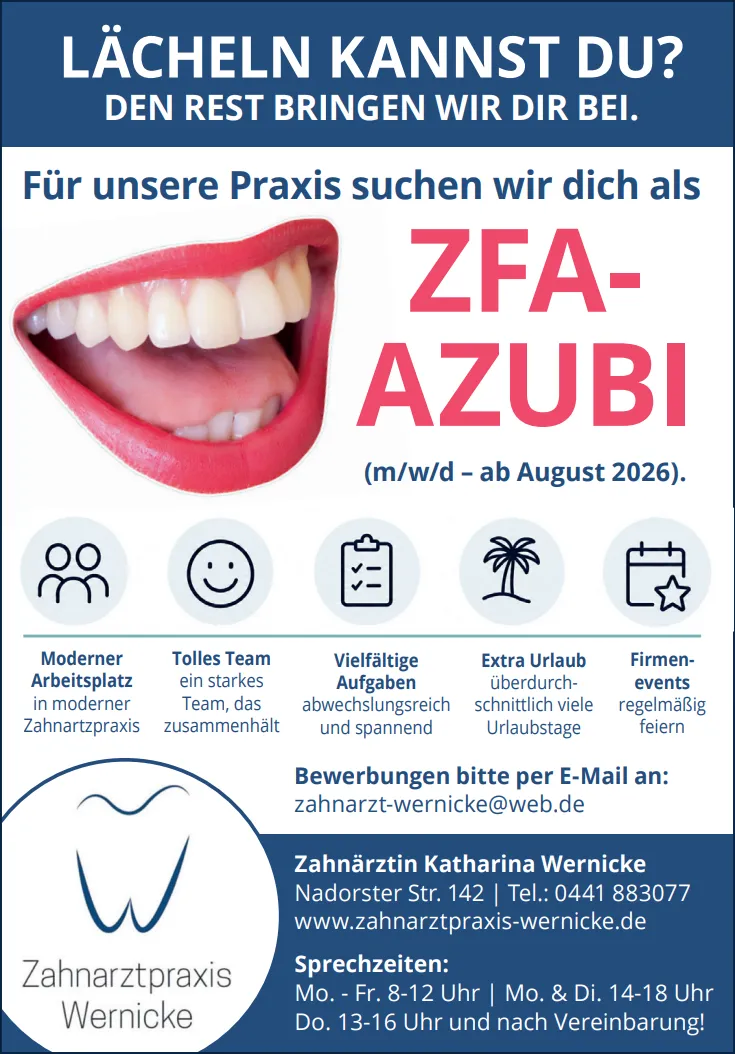 20260717 Wernicke Azubi Zahnarzt ZFA Zahnmedizinische Fachangestellte r Job Oldenburg